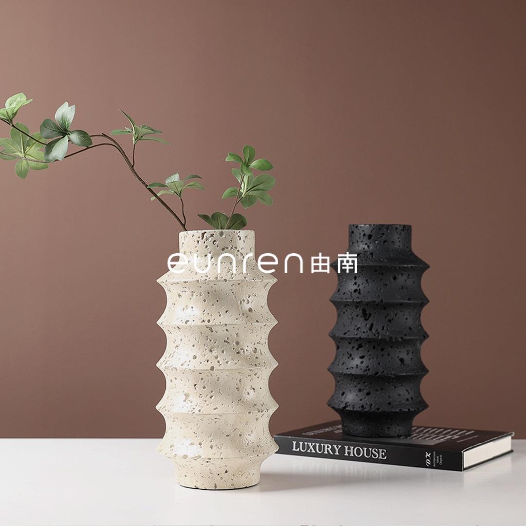 现代简极轻奢洞石花瓶装饰品家居茶几创意艺术插花器样板房间摆件