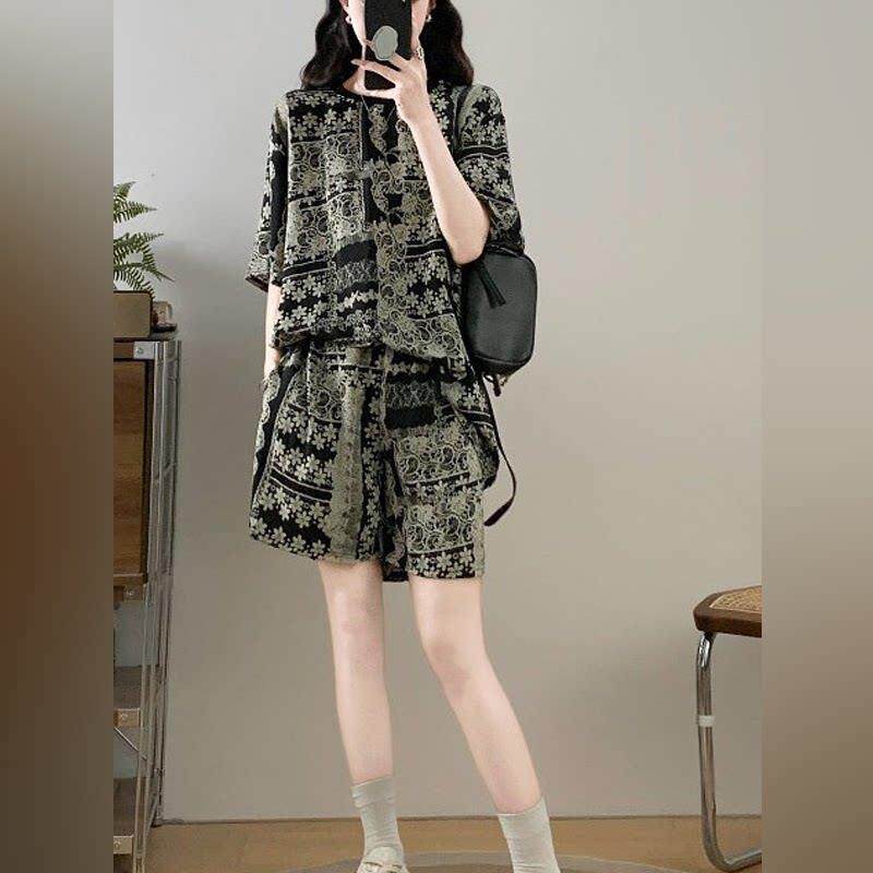 潮牌大码女装2026夏季搭配一整套薄款凉感高级感民族风短裤两件套