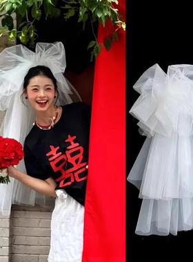 2025新款头纱抓泡云朵蓬蓬头纱韩式新娘摄影造型街拍婚纱跟妆白色