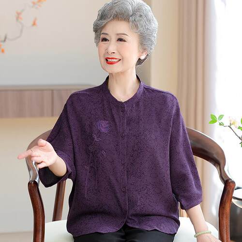 中老年人奶奶夏装桑蚕丝遮肚子衬衫女开 衫两件套大尺码真丝立领