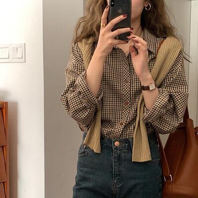 Checkered shirt women's brown long sleeved base shirt