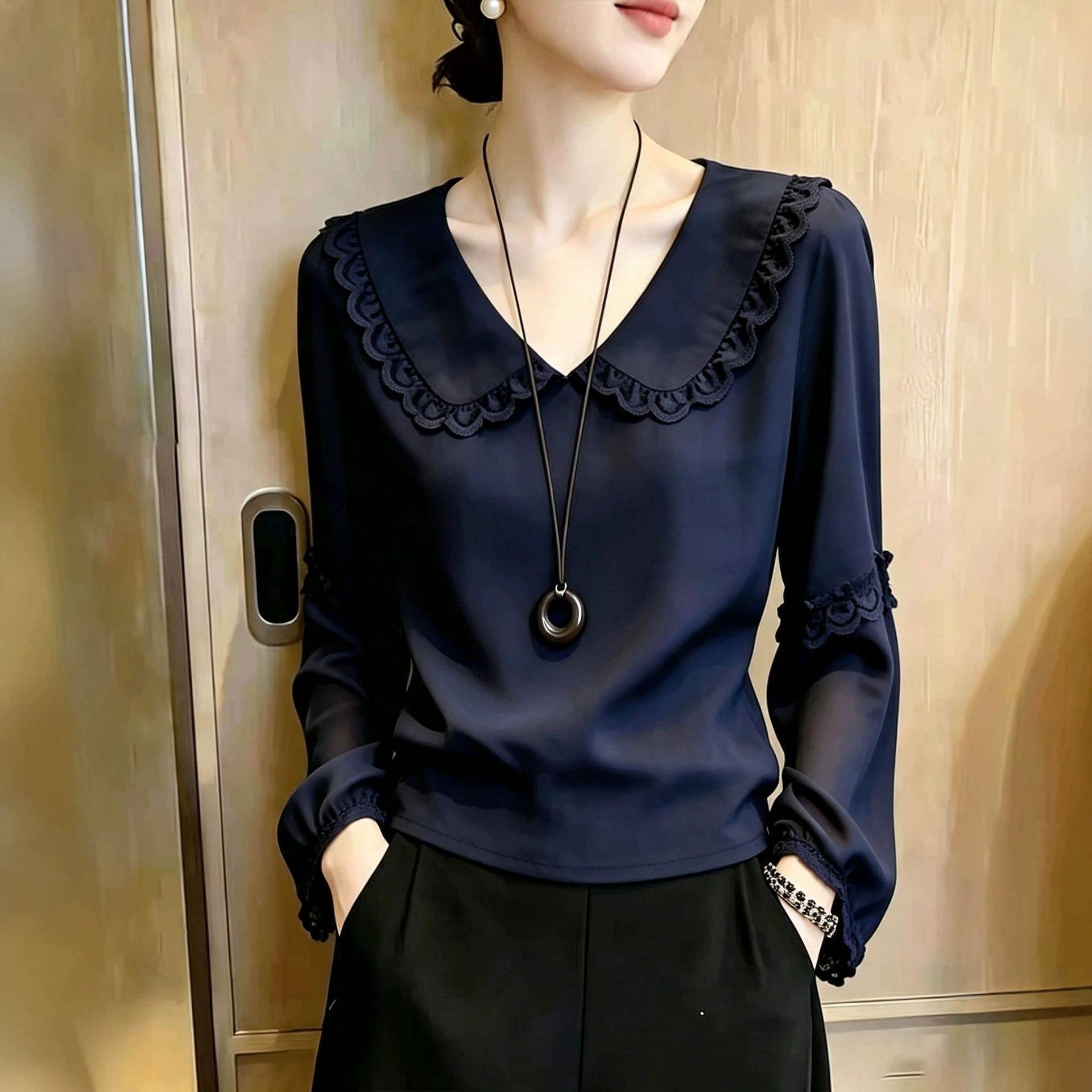 通勤女装藏蓝色V领长袖衬衫秋季新款女装蕾丝花边温柔高级感上衣图片