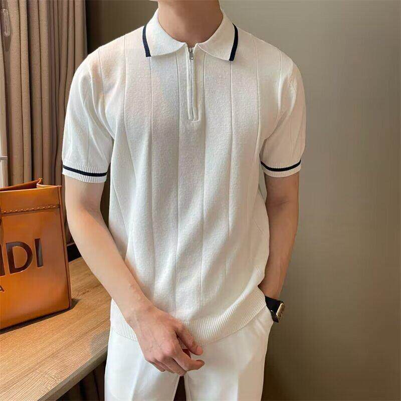 夏季士短袖翻领针织polo衫简约休闲商务条纹半拉链开胸翻领T桖