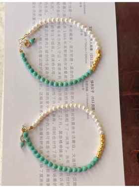 天然湖北原矿绿松石米珠手链珍珠女款手串珠链925银扣头规格3.8mm