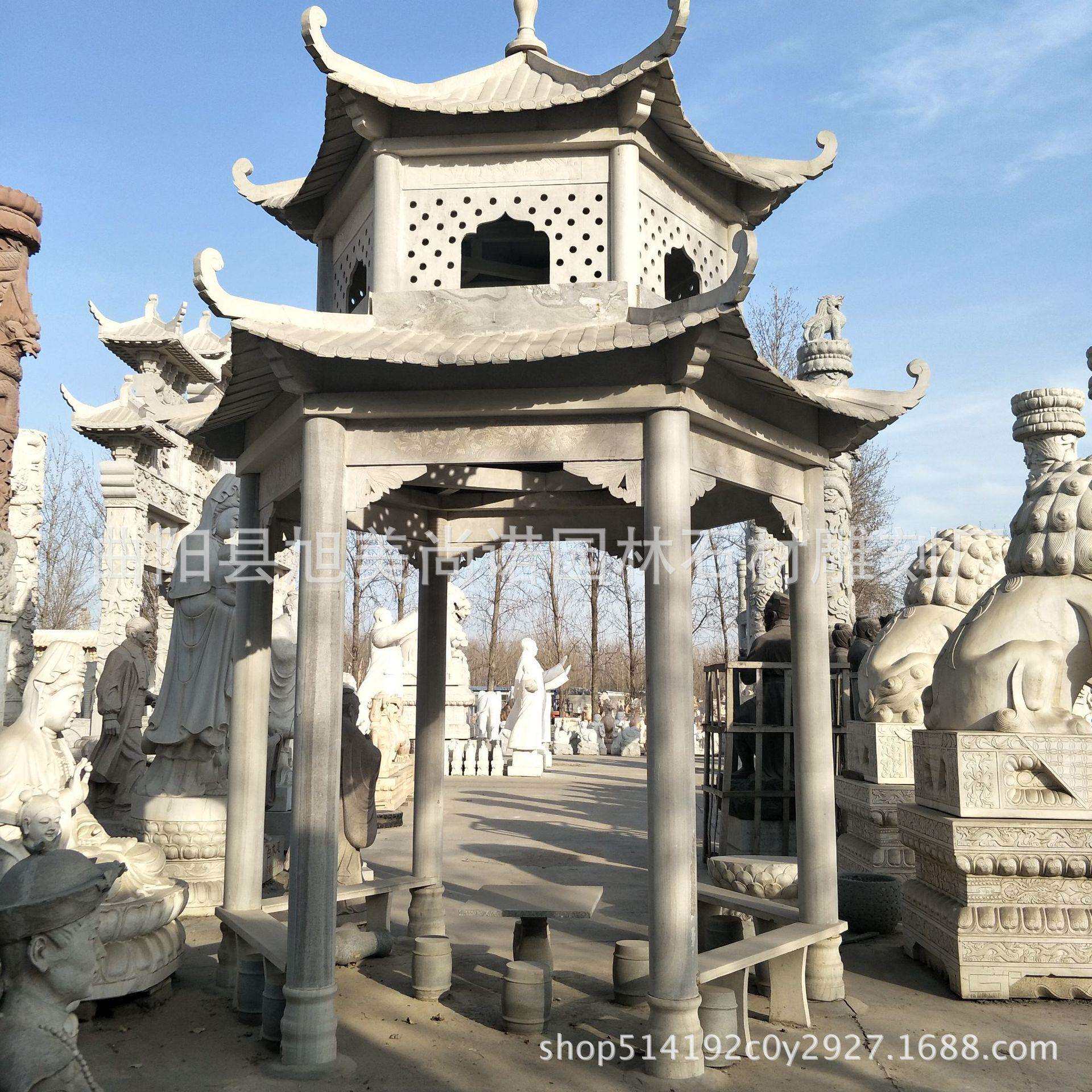 石雕凉亭花岗岩凉亭双层六角亭子公园广场景观摆件石雕石亭子