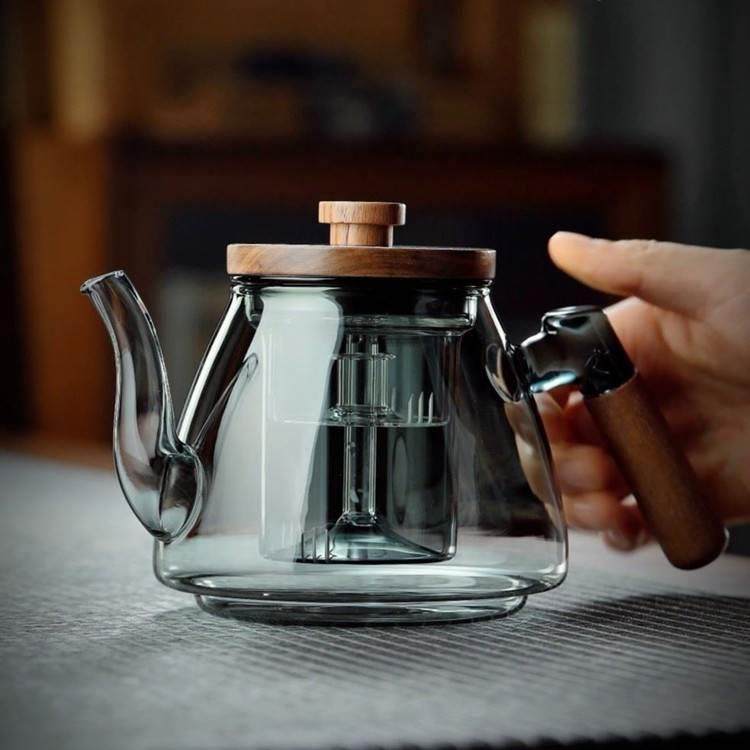 侧木把玻璃花茶泡茶壶 可电陶炉加热蒸煮一体壶 带竹盖玻璃泡茶壶