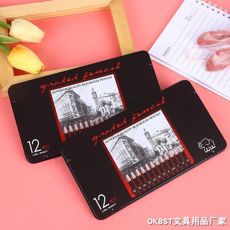 2H-8B素描铅笔套装美术绘图绘画铅笔铁盒装文具用品12支铁盒装