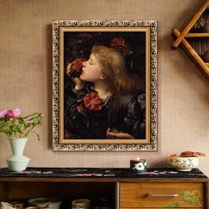 玫瑰女孩装饰画人物花卉油画复古美式法式小众中古卧室餐厅挂画竖