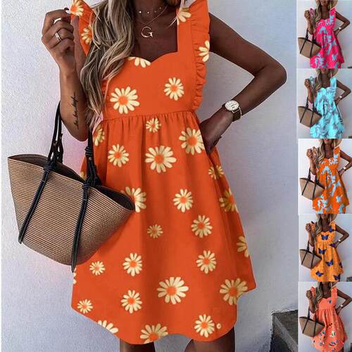Large size women's printed square neck dress