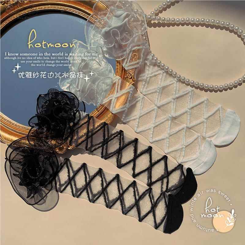 女童夏季薄款袜子绑带水晶袜网纱花边宝宝女童中筒袜堆堆袜公主袜