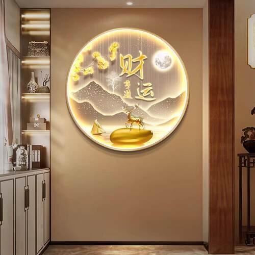 简约奢HF901366玄关装饰福廊鹿山水餐轻厅圆形中古画挂画客厅走过