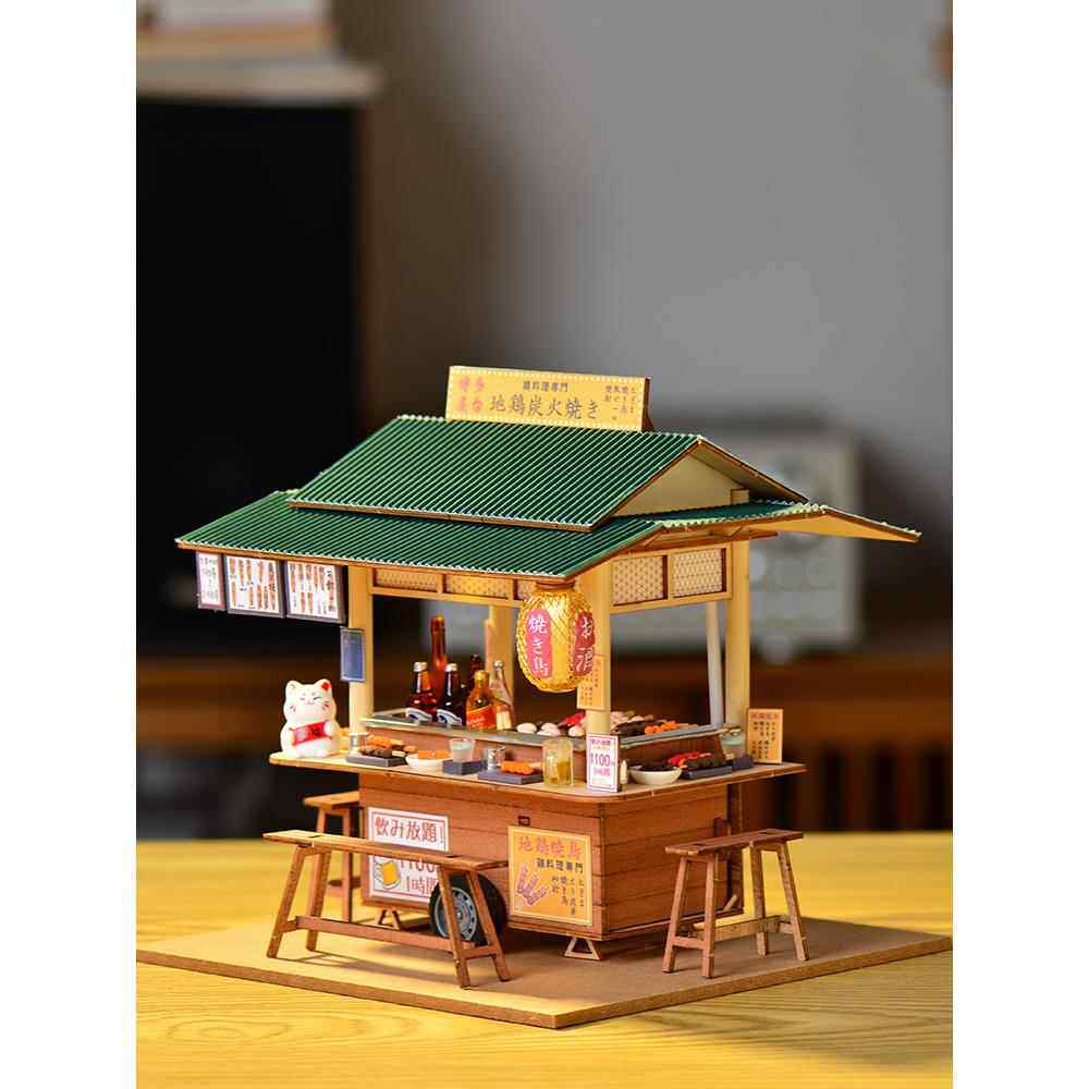 手工制作木质食玩场景dollhouse娃娃屋配件diy小屋台烧鸟街景模型