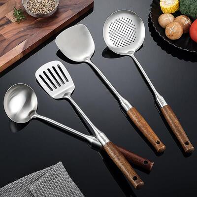 炒菜铲子锅铲炒勺勺子锅勺煎铲套装加厚304不锈钢木把手家用厨具