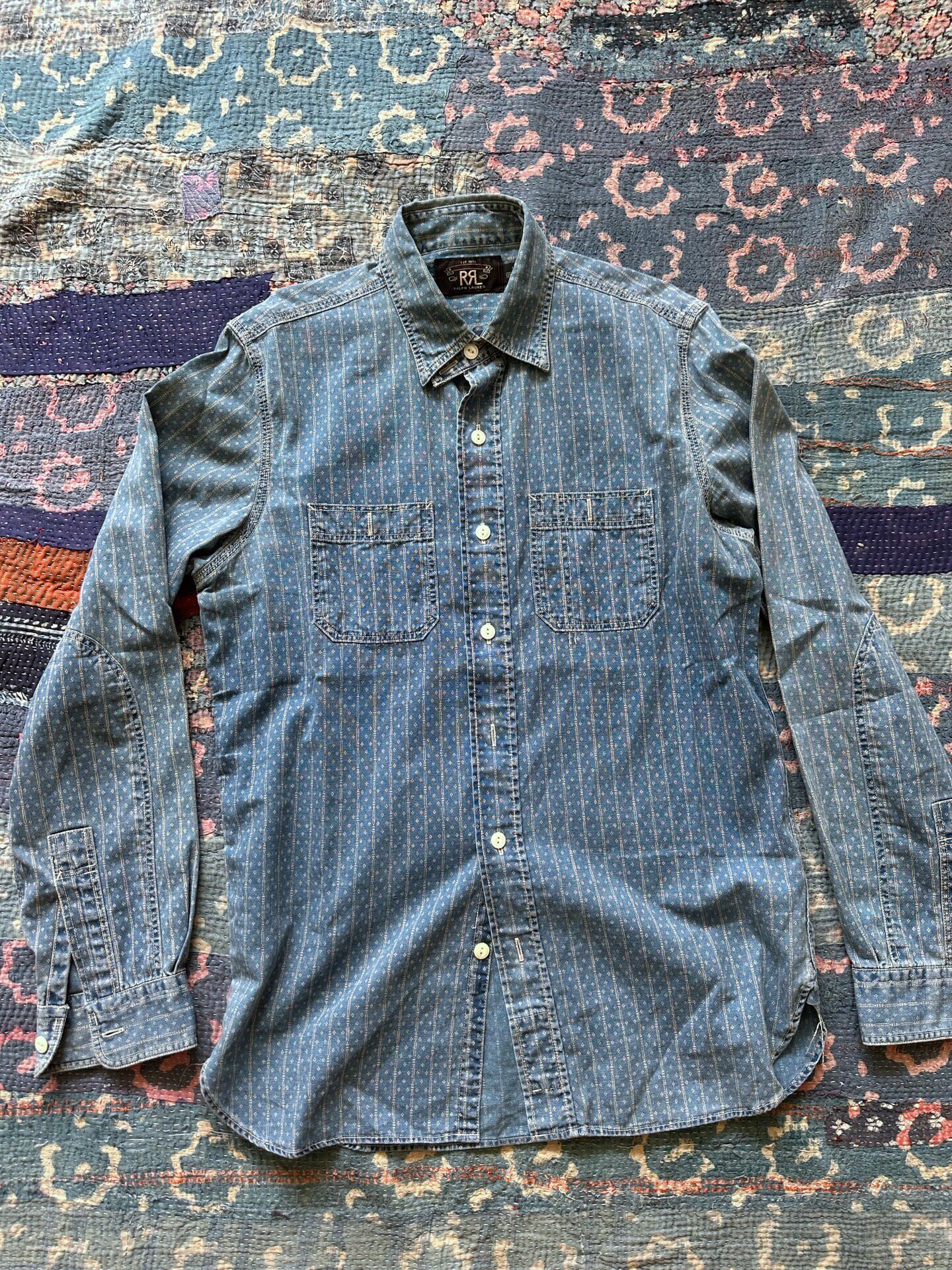 RRL Indigo Washed Distressed Striped Shirt