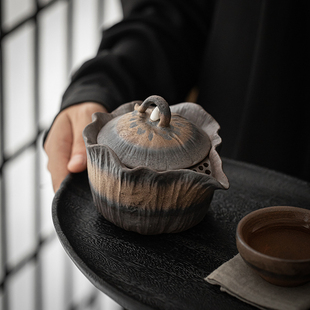 复古纯手工家用陶瓷功夫茶具带过滤泡茶器 粗陶鎏金手抓壶单个日式