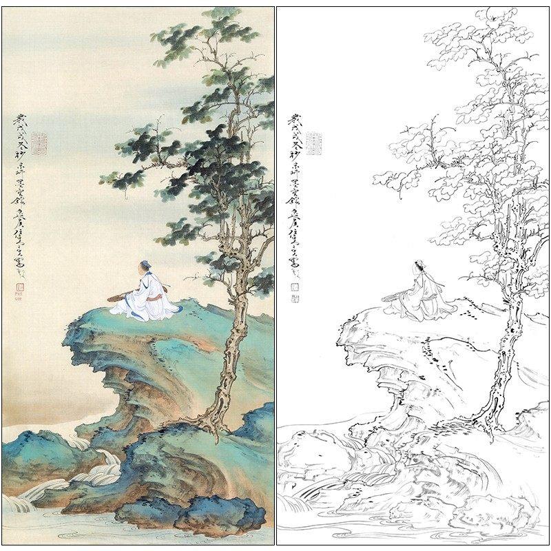 任重山水人物工笔画白描底稿《梧桐高士》临摹勾线高清打印稿RD50