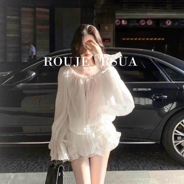 ROUJE RSUA法式白色性感一字肩雪纺衫女花瓣层次抽绳长袖上衣