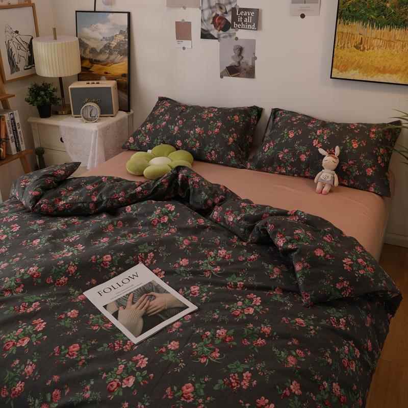 正品深色韩少女心式田园小碎花床上寓四件系套全棉纯棉被套公三件