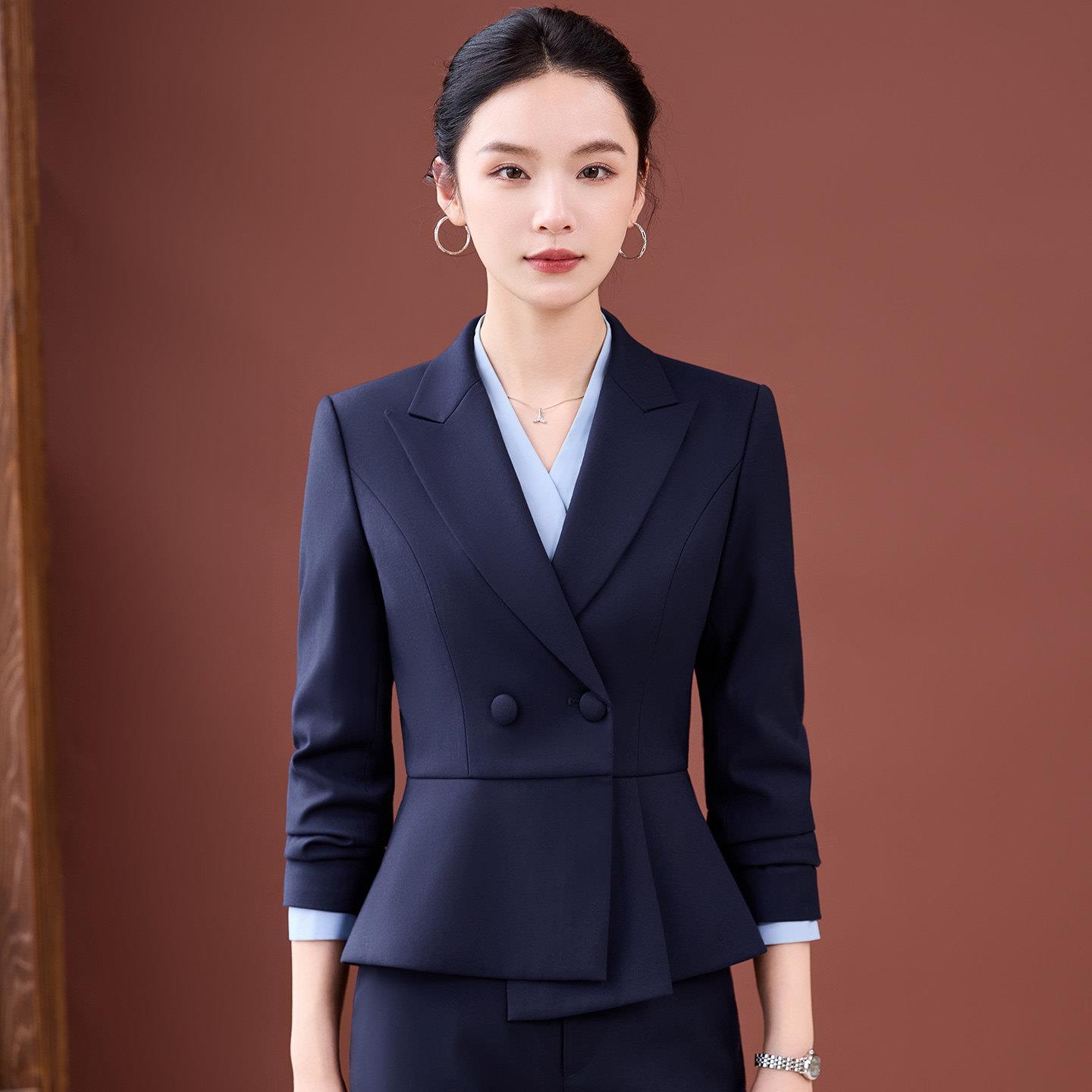 深蓝色西装女秋冬珠宝店工作服前台接待职业装美容院气质工装套装
