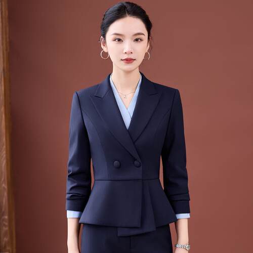 深蓝色西装女秋冬珠宝店工作服前台接待职业装美容院气质工装套装