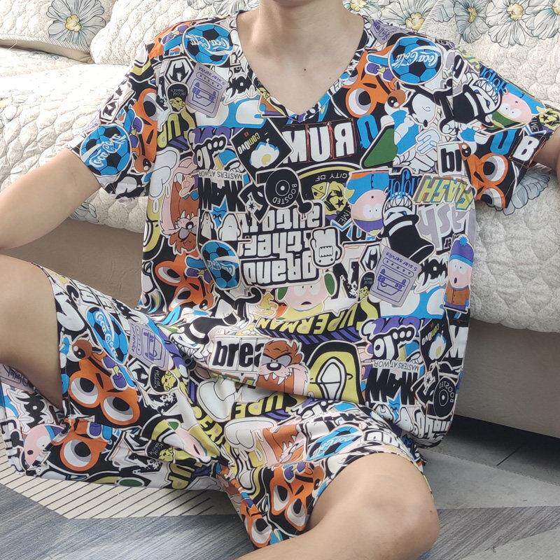 绵绸夏季男薄款V领套装时尚港风印花棉绸短袖短裤宽松东风绸睡衣