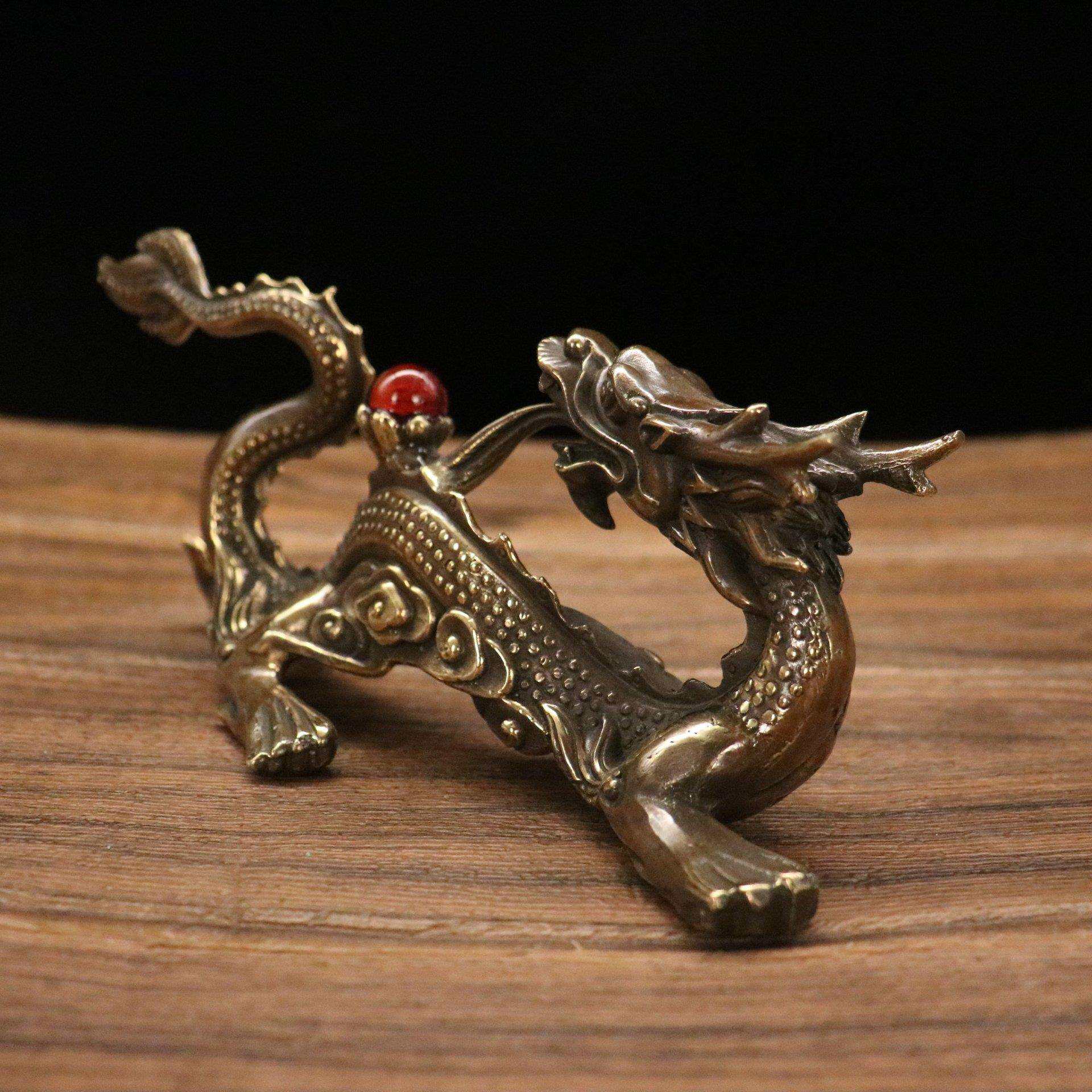 纯铜回头龙摆件龙笔架红珠子龙生肖龙家居装饰品办公室工艺品摆设