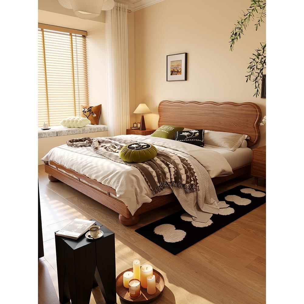 法式覆古实木床中古风全实木床黄杨木1.8双人简约主卧婚床齐边床