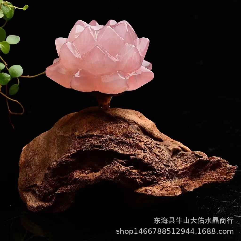 天然粉水晶悟道莲花小摆件汽车摆件佛系摆件芙蓉石家居饰品可插香