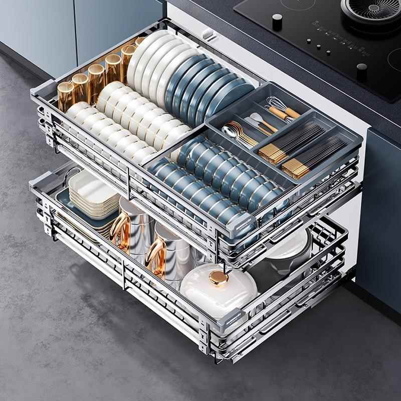 轻奢拉篮厨房橱柜304不锈钢双层抽屉式内置碗柜碗碟收纳碟架碗篮