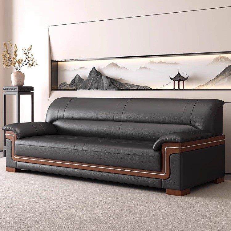 办公室会议室接待商务现代会客新中式西皮真皮三人位沙发茶几组合