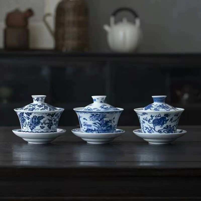 仿古青花大号三才盖碗陶瓷功夫茶具陶瓷八宝茶碗大容量300礼品