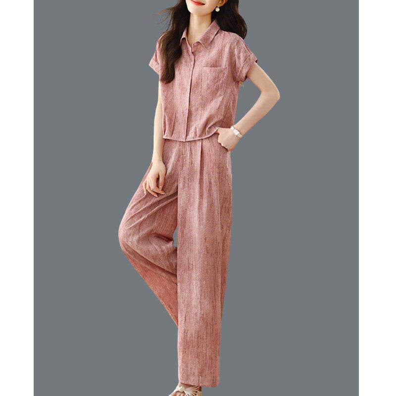 时尚天丝运动套装女夏季款减龄休闲宽松显瘦亚麻上衣阔腿裤两件套