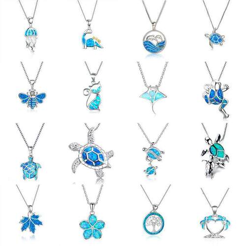 Bohemia Blue Imitation Opal Cute Jellyfish Pendant Necklace