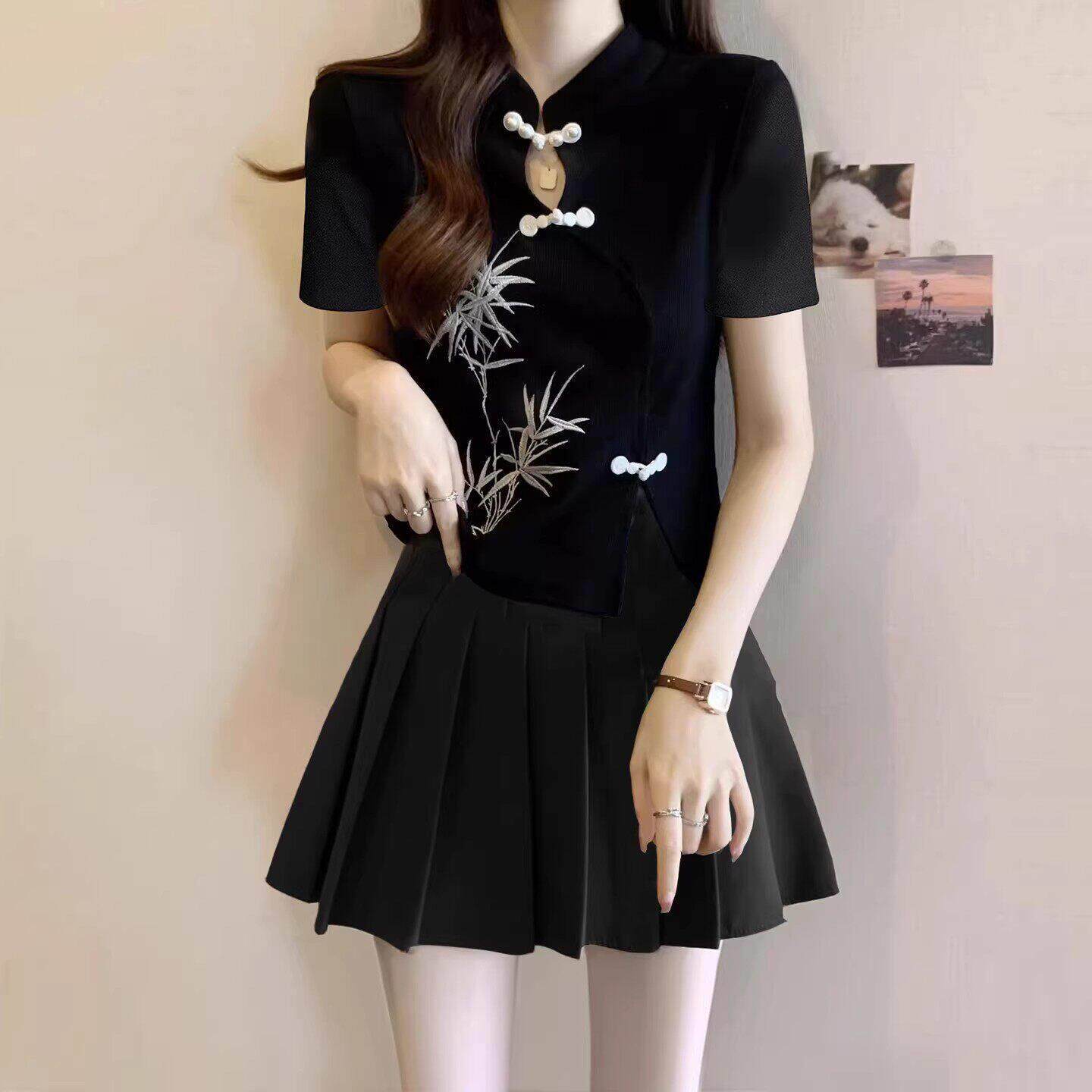 新中式小个子黑色旗袍套装女新款性感柔式养生柔式足浴技师工作服