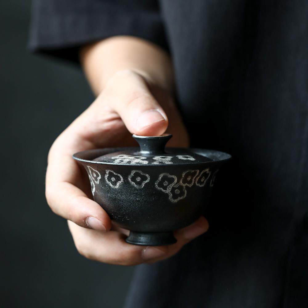 晴先生寒禾泥盖碗复古手绘繁华银版刻描银盖碗陶艺家系列泡茶碗