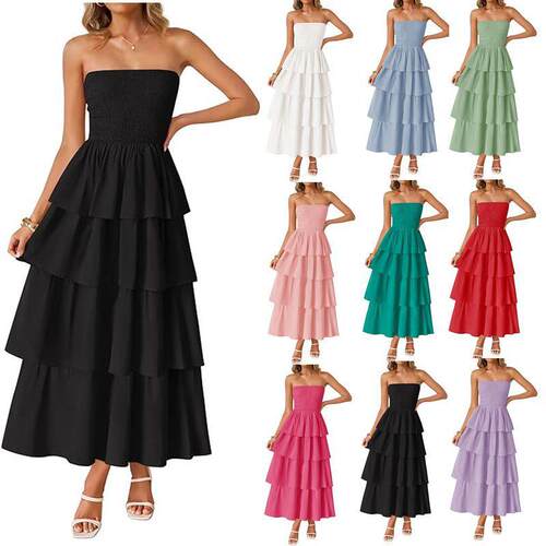 Women's Plain Ruffle Trim Tie Shoulder Cami Dress  Solid