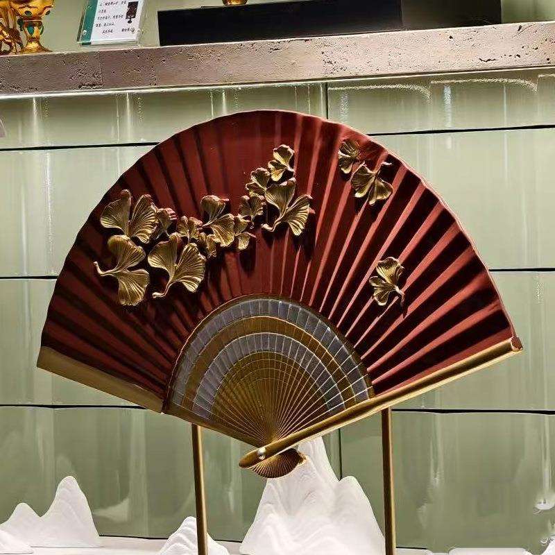 新中式书房禅意摆件书柜博古架立体浮雕扇子工艺品样板间软装饰品