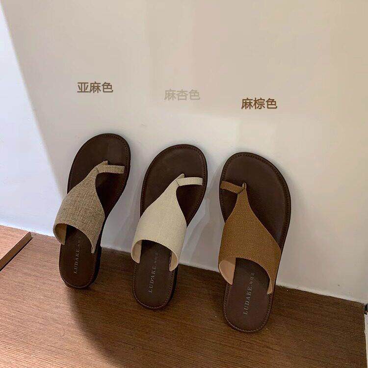 香港平底夹脚罗马拖鞋女鞋外穿秋季棉麻凉拖鞋沙滩鞋设计感凉鞋子