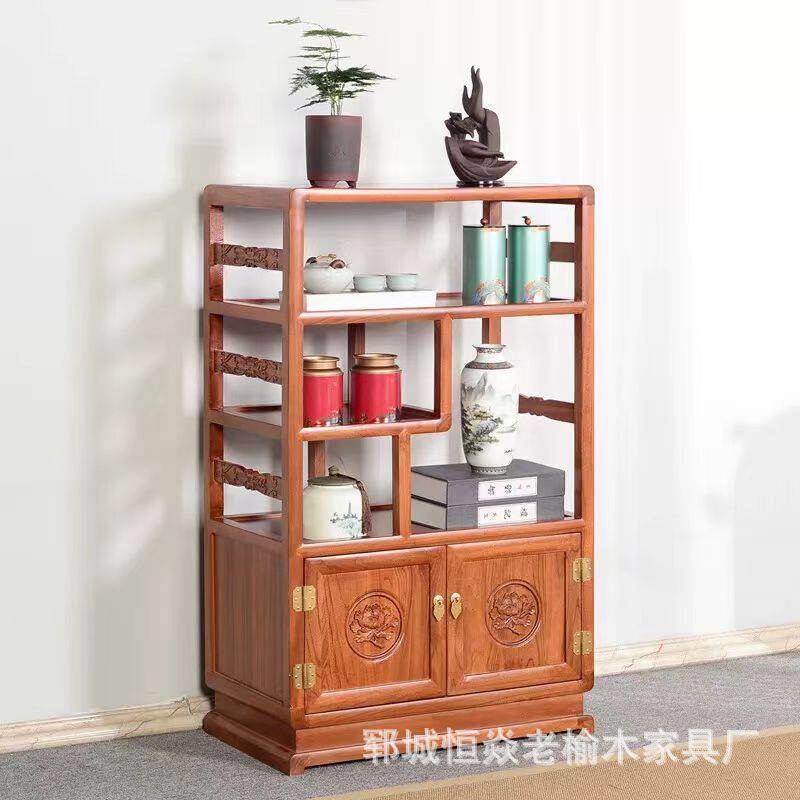 老榆木博古架实木中式客厅茶柜杯架子带门储物柜茶室家具斗柜