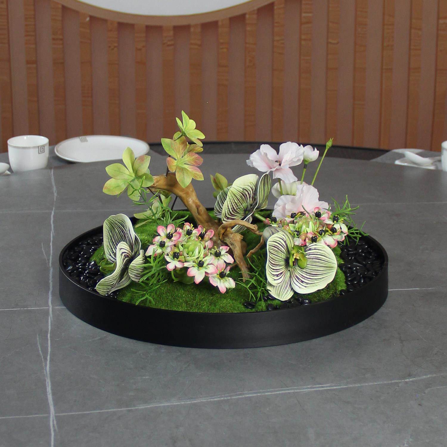 高级感餐桌花桌面摆件假花装饰品轻奢圆桌转盘中间摆花微景观盆景