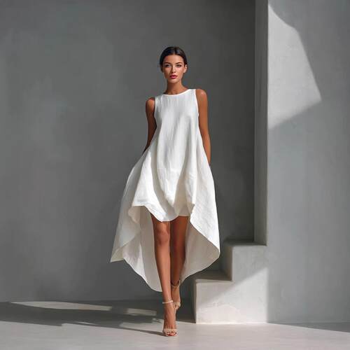Spring cotton and linen short front and long back dress