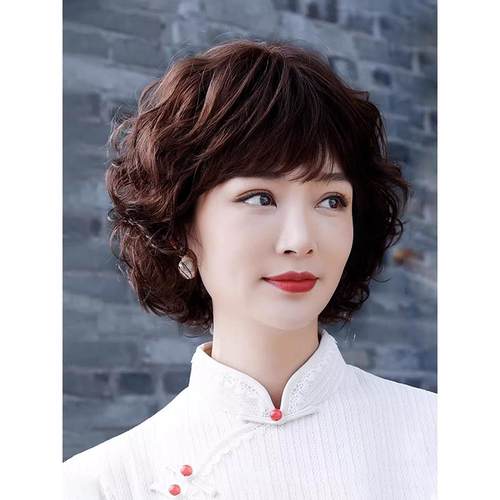 假发女短发真发全真人发妈妈女士全头套中老年短卷发真头发套自然