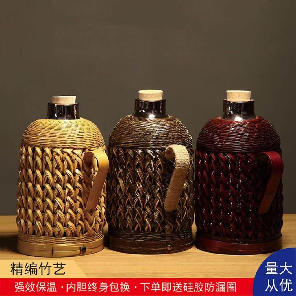 竹编家用热水瓶茶室复古开水瓶传统软木塞热水壶玻璃内胆影视民宿