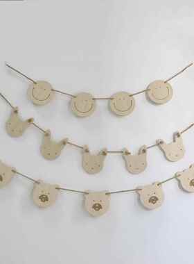 创意可爱熊头小兔笑脸木质彩旗儿童房装饰挂件可做杯垫韩风摆件