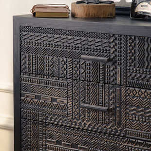 美式 饰柜 复古刻印雕花边柜黑色斗柜做旧实木餐边柜客厅玄关柜装