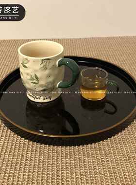 富贵金圆形漆器茶盘大餐盘茶道家用茶具漆托盘木盘木质杯托干泡台
