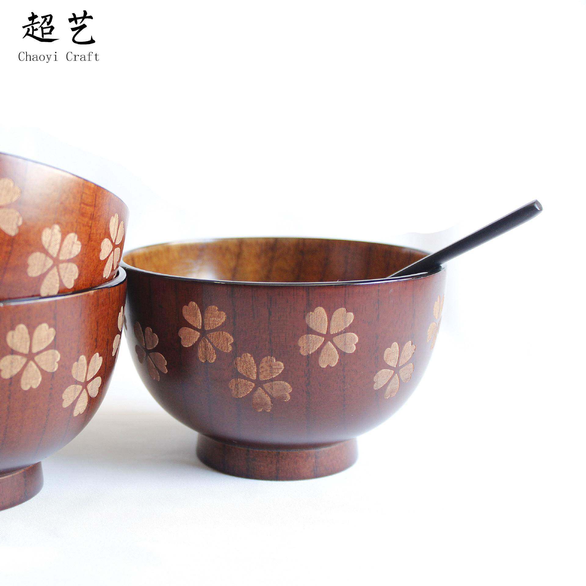 厂家直销 创意日式樱花酸枣木碗 手工环保天然实木树叶饭碗