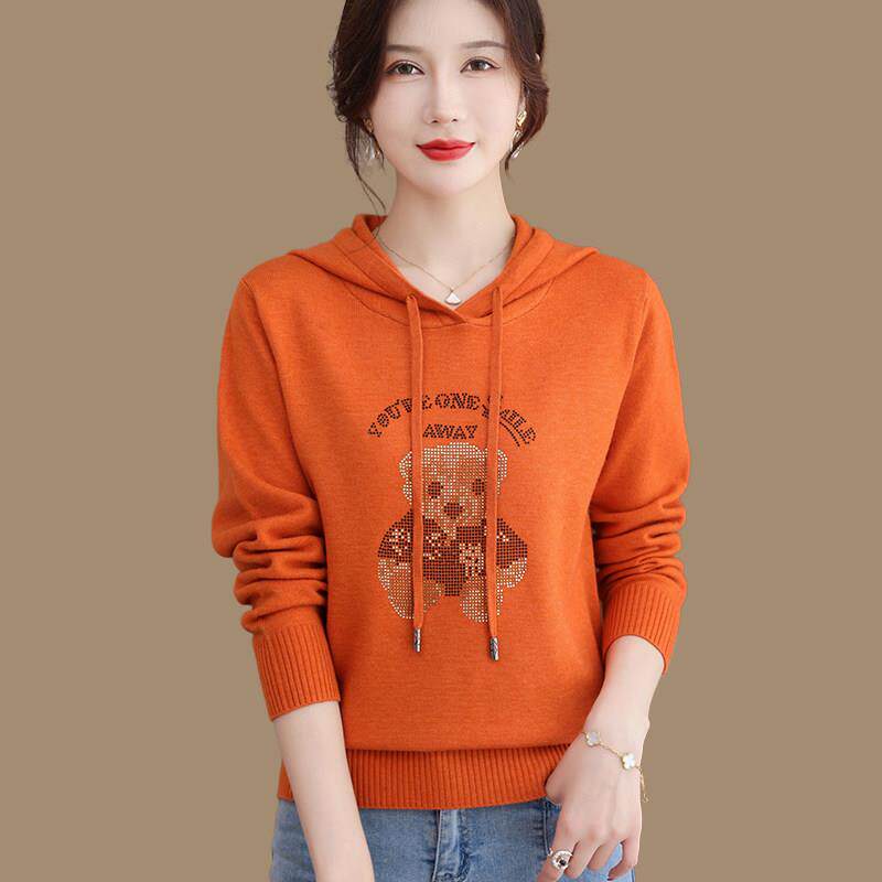 连帽毛衣卫衣女宽松春秋针织上衣镶钻小熊帽衫外穿休闲 羊毛打底