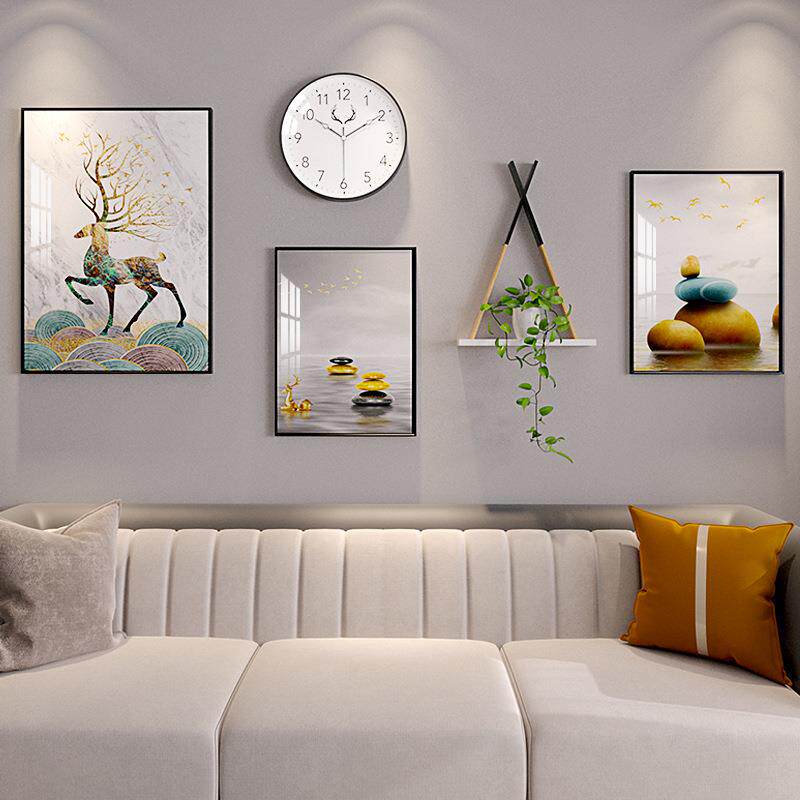 铝合金客厅3框晶瓷装饰画置物架组合发财鹿挂画卧室墙上画框饰品