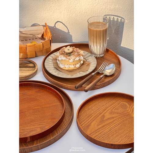 家用茶具茶配件收纳盘曲柳木圆形大号餐盘咖啡厅饮料木质托盘